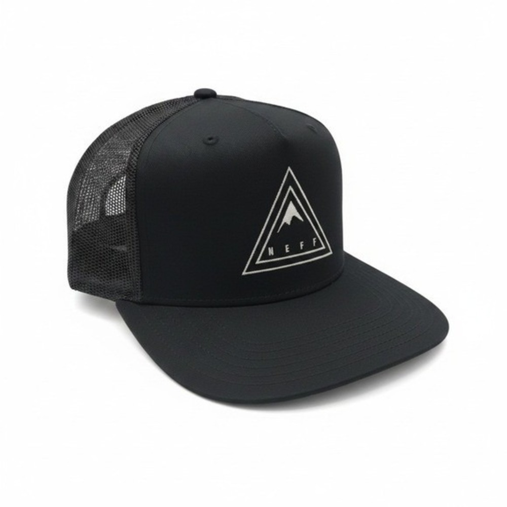 Neff Mens Black Trucker Hat Mountain Logo Snapback Mesh Flat Brim Skate Cap